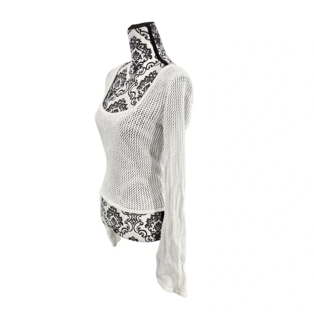 Hollister White Sheer Bell Sleeve Net Open Loose Knit Square Neck Blouse, L